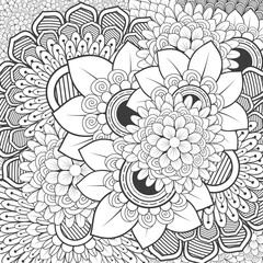 Decorative Doodle flowers in black and white for coloring page, cover or background. Hand drawn sketch for adult anti stress coloring page vector.