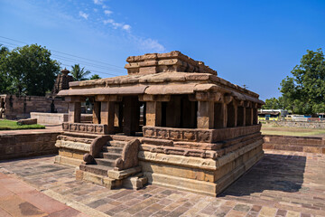 Ancient 8th century carved stone temple with beautiful blue sky at Aihole,India.