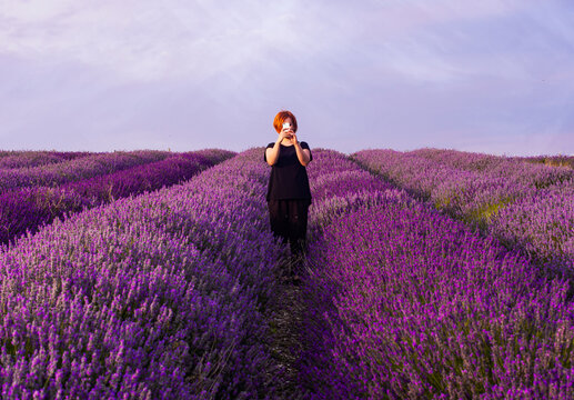 young woman taking picture in lavender field