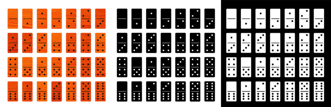 Wooden, black and white domino stone full set in flat design style. dominos pieces signs. Bone of domino card effect. Vector background