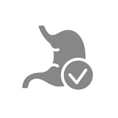 Stomach with tick checkmark grey icon. Healthy organ symbol