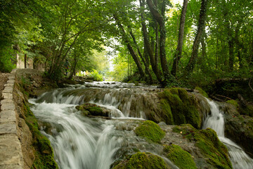 Caída de agua suave sobre sendero de piedra