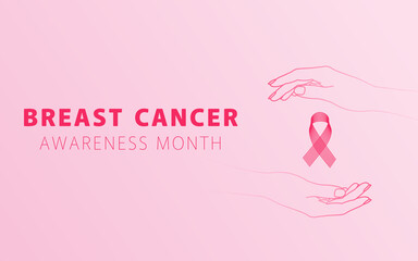Breast cancer awareness month campaign with a ribbon sign and a silhouette of women's hands on a pink background.