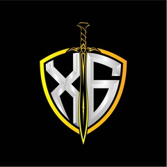 The initials X G is a shield decorated with knightly swords, the letters are colored with a metallic texture (chrome, silver, stainless steel) isolated on a black background.