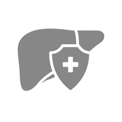 Fototapeta premium Healthy protected liver gray icon. First aid for accessory digestive organ diseases symbol