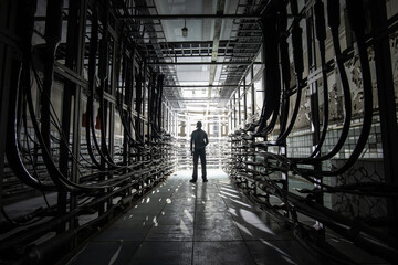 Silhouette of a man with a lantern in a dark cable tunnel with many cables. Cable cabinet of...