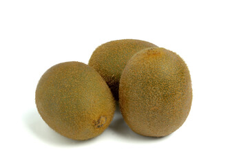 Three whole kiwis, isolated on a white background.
