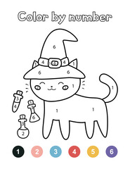 Color by numbers for preschool children. Cute Halloween cat with witch hat and potions. Kawaii cartoon character. Educational worksheet.