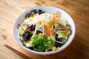 japanese vegetable miso ramen on wooden table