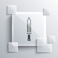 Grey Medieval sword icon isolated on grey background. Medieval weapon. Square glass panels. Vector.