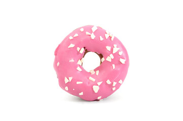 sweet donut in pink glaze and with white chocolate sprinkling isolated on white background