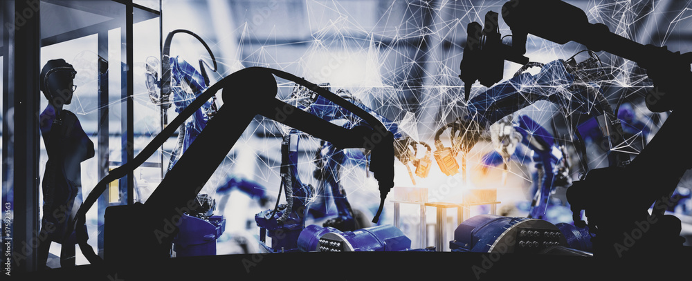 Poster Silhouette of modern automation robot arms with Ai assistant technology network concept and smart factory  background.