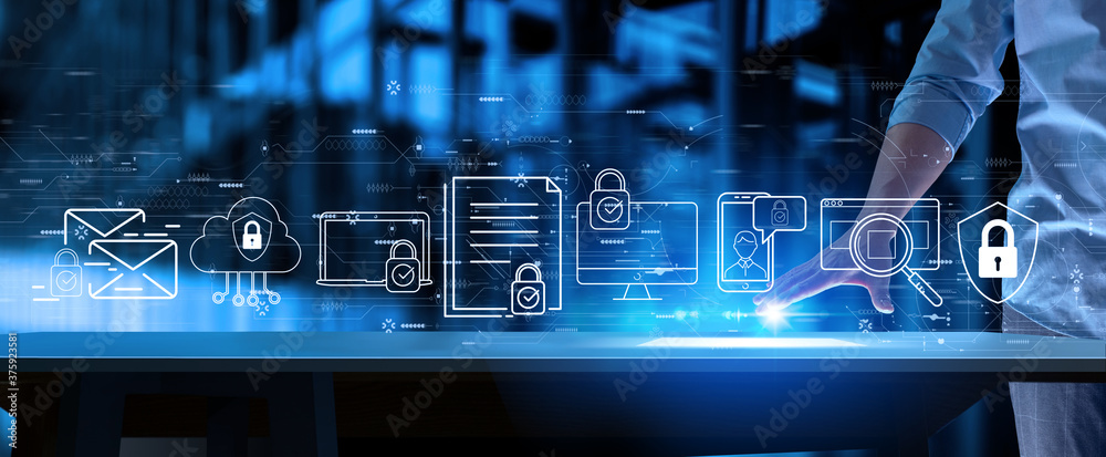 Poster Businessman working with modern computer touch screen with Data protection  on blur office background.