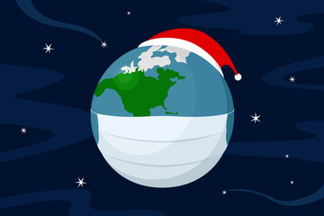 Fototapeta premium Planet Earth in medical mask and Christmas hat. Cartoon. Vector illustration.