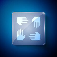 Obraz premium White Project team base icon isolated on blue background. Business analysis and planning, consulting, team work, project management. Developers. Square glass panels. Vector.