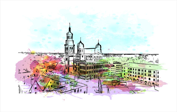 Building view with landmark of Augsburg, Bavaria is one of Germany’s oldest cities. Watercolor splash with hand drawn sketch illustration in vector.