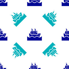 Fototapeta na wymiar Blue Cruise ship in ocean icon isolated seamless pattern on white background. Cruising the world. Vector.