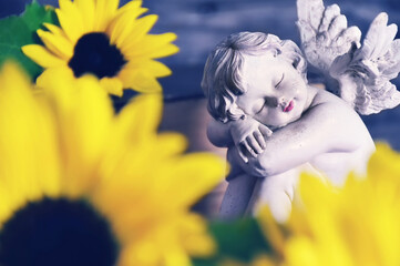 Sympathy card. Little guardian angel and sunflowers