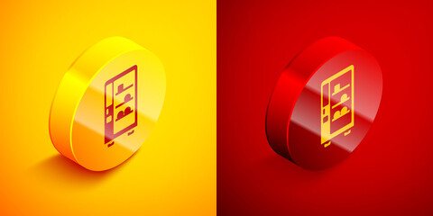 Isometric Vending machine of food and beverage automatic selling icon isolated on orange and red background. Circle button. Vector.