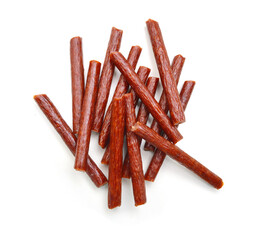Smoked thin sausages, isolated on white