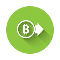 White Cryptocurrency coin Bitcoin icon isolated with long shadow. Physical bit coin. Blockchain based secure crypto currency. Green circle button. Vector.