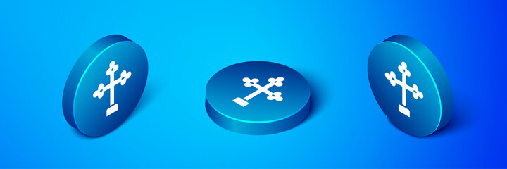 Isometric Christian cross icon isolated on blue background. Church cross. Blue circle button. Vector.