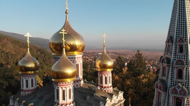 Flying around the church of Shipka located in Bulgaria