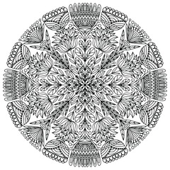 abstract folk style flowers and ornaments forming a mandala drawn on a white background for coloring, vector, mandala