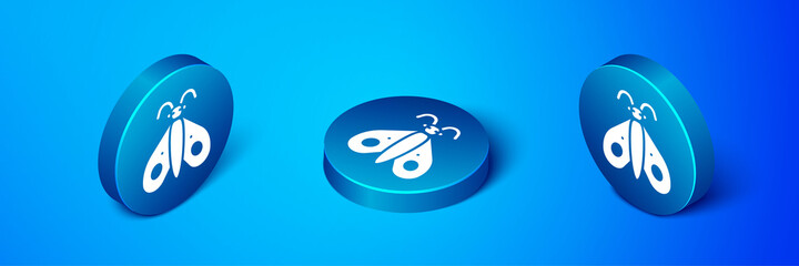 Isometric Butterfly icon isolated on blue background. Blue circle button. Vector.