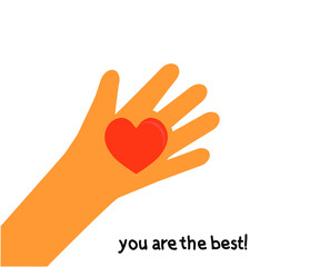 Obraz premium Human hand and heart on a white background. Heart in the palm of your hand. Symbol. Vector illustration.