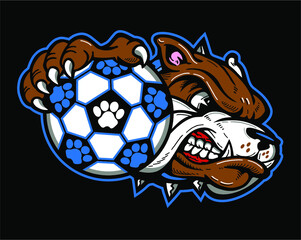 mean bulldog soccer mascot holding ball for school, college or league