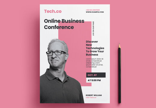 Online Business Conference Flyer Layout with Pink Accents