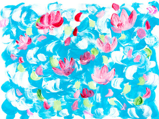 Fototapeta na wymiar Blue and pink flowers creative abstract hand painted background, brush texture