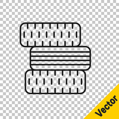 Black line Car tire wheel icon isolated on transparent background. Vector Illustration.