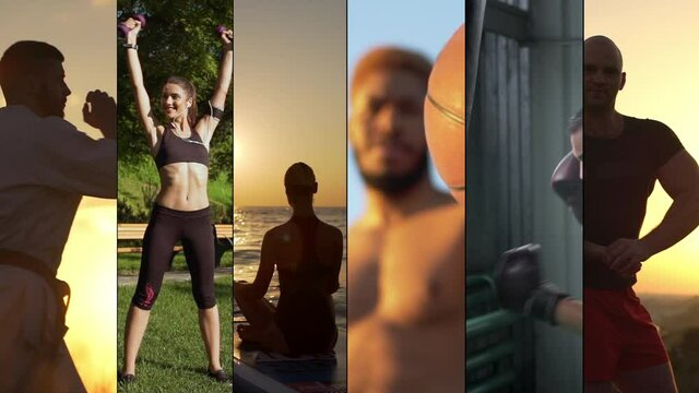 Multiscreen of healthy and active people, different sports activities. Split screen of diverse people doing martial arts, fitness outdoors, yoga, basketball and boxing, workout and wellbeing shots
