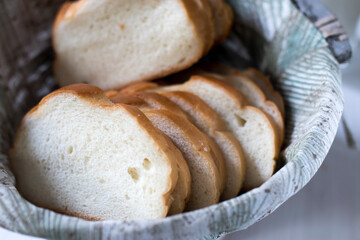 Sliced loaf of bread in wicker basket close up