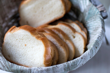Sliced loaf of bread in wicker basket close up