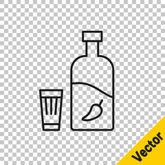 Black line Vodka with pepper and glass icon isolated on transparent background. Ukrainian national alcohol. Vector Illustration.