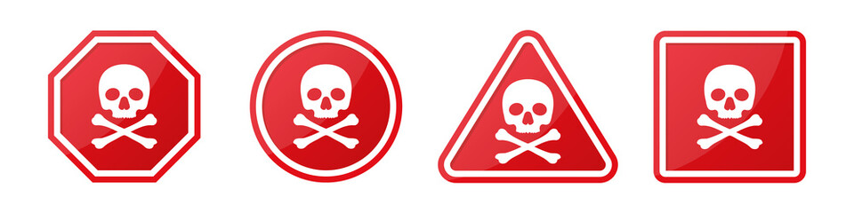 Set of danger hazard sign with skull and crossbones in different shapes in red - obrazy, fototapety, plakaty