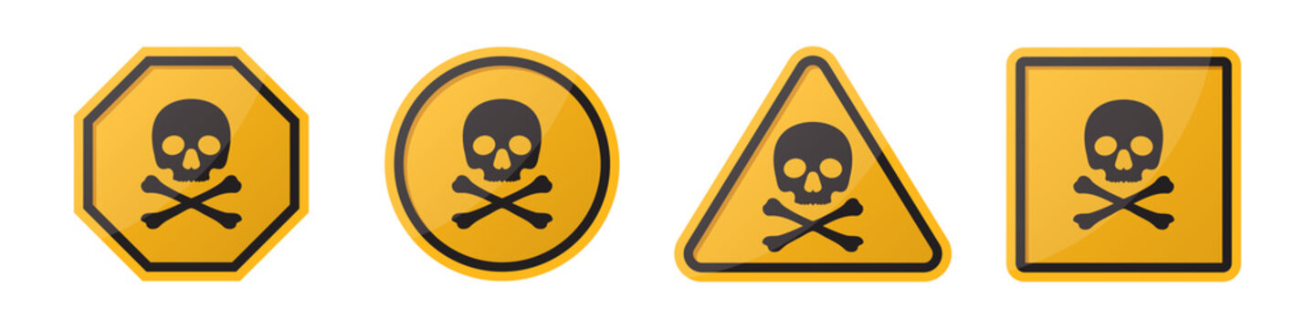 Set of danger hazard sign with skull and crossbones in different shapes in orange