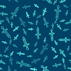 Green line Medieval sword icon isolated seamless pattern on blue background. Medieval weapon. Vector.