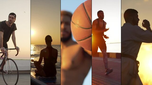 Split screen of diverse, multiethnic people do sports. Concept of endurance, health, workout. Multiscreen of men and women cycling, meditating, playing baketball, jogging and practice martical arts