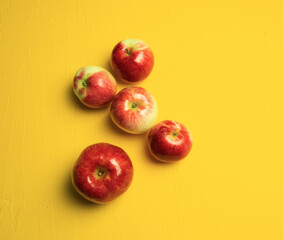 Several red ripe apples on a bright yellow background. Top view