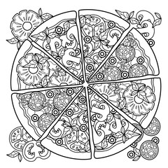 Coloring antistress page for adults 
and children. Pizza with various ingredients, slices with different pizza toppings
