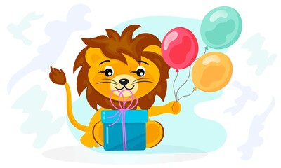 Сute lion cub with gift box and bright color balloons.
Decorative vector design.