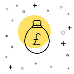 Black line Money bag with pound icon isolated on white background. Pound GBP currency symbol. Random dynamic shapes. Vector.