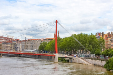 Lion, France - View from river Sona to the bridge and Lyon city