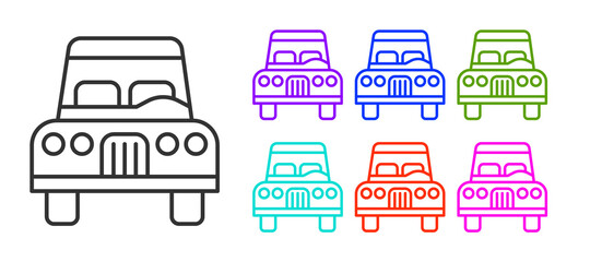 Black line Car icon isolated on white background. Front view. Set icons colorful. Vector.