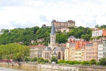 Obraz premium Lion, France - View from river Sona to the bridge and Lyon city