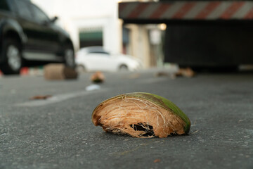 a coconut piece on the ground and some cars 